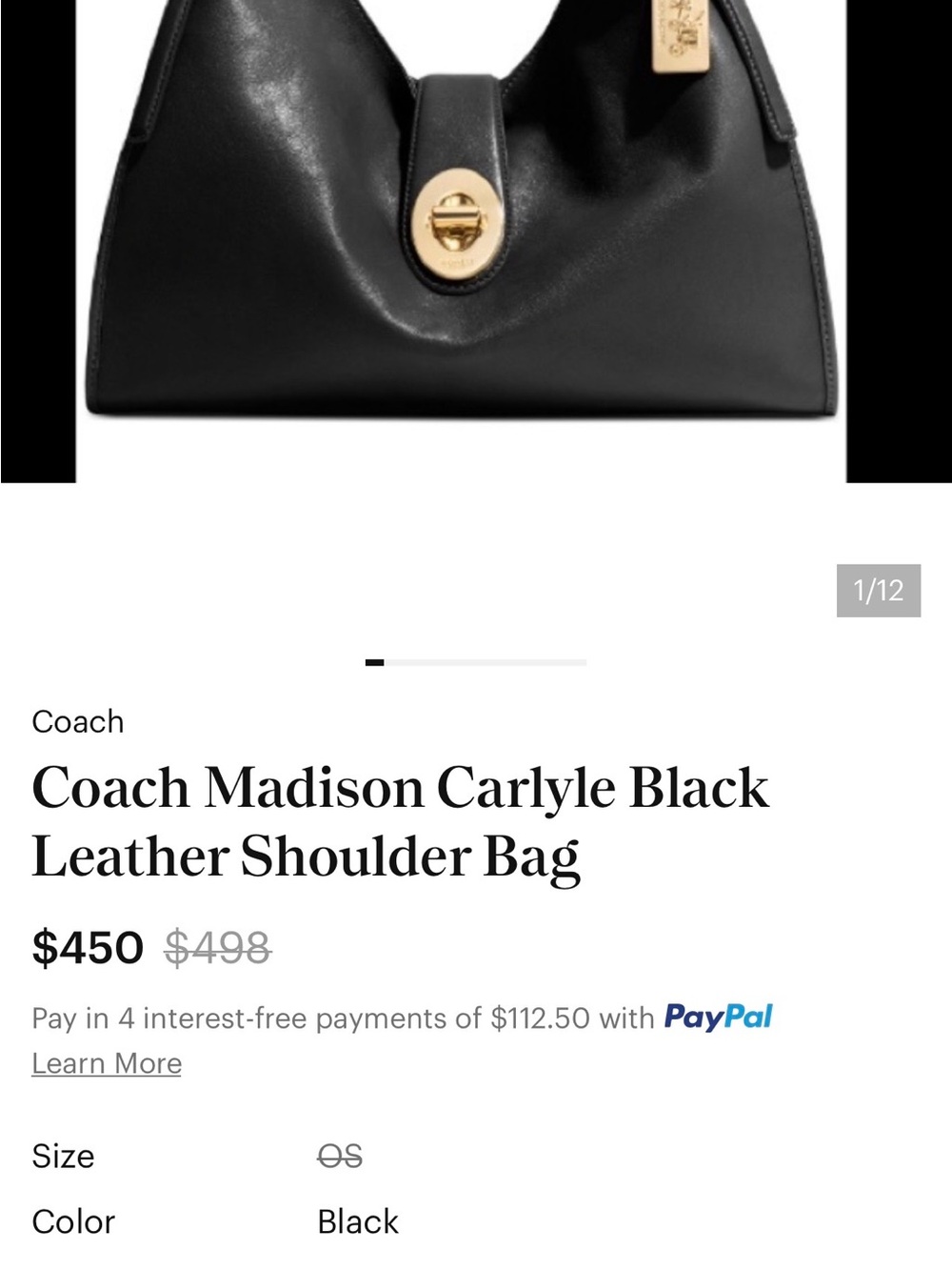 Coach Madison Carlyle Black Leather Shoulder Bag with Gold Turnlock - Picture 11 of 12